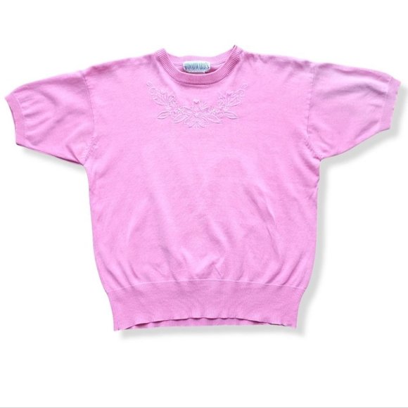 VINTAGE Woodward's Short Sleeve Embroidered Neckline Knit Pink Sweater - Picture 10 of 11